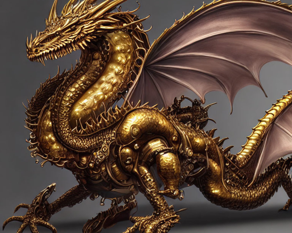 Detailed image of majestic golden dragon with intricate scales, long horns, and expansive wings on grey background