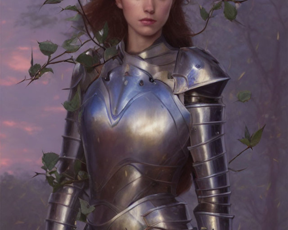 Red-haired woman in medieval plate armor with red rose among rose bushes