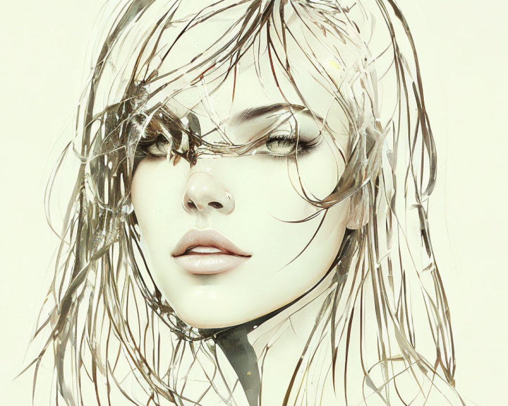 Monochromatic digital artwork of woman's face with translucent hair tendrils