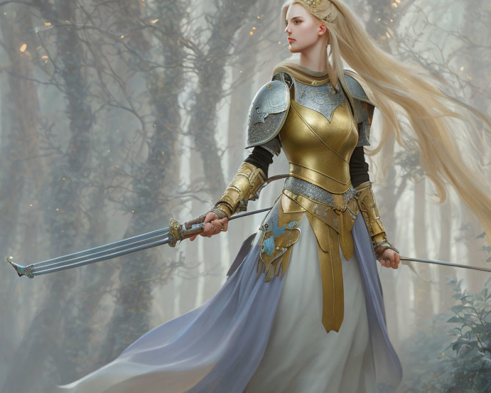 Regal warrior in gold-and-silver armor with drawn sword in magical forest