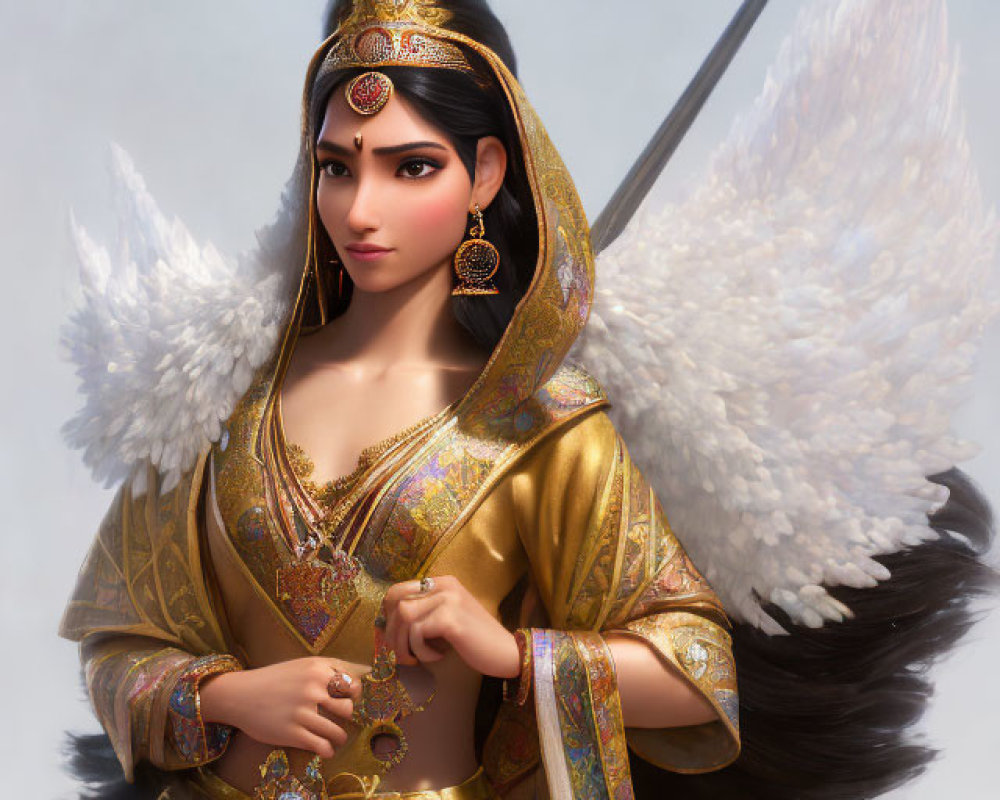 Golden-winged angelic figure in traditional attire wields sword