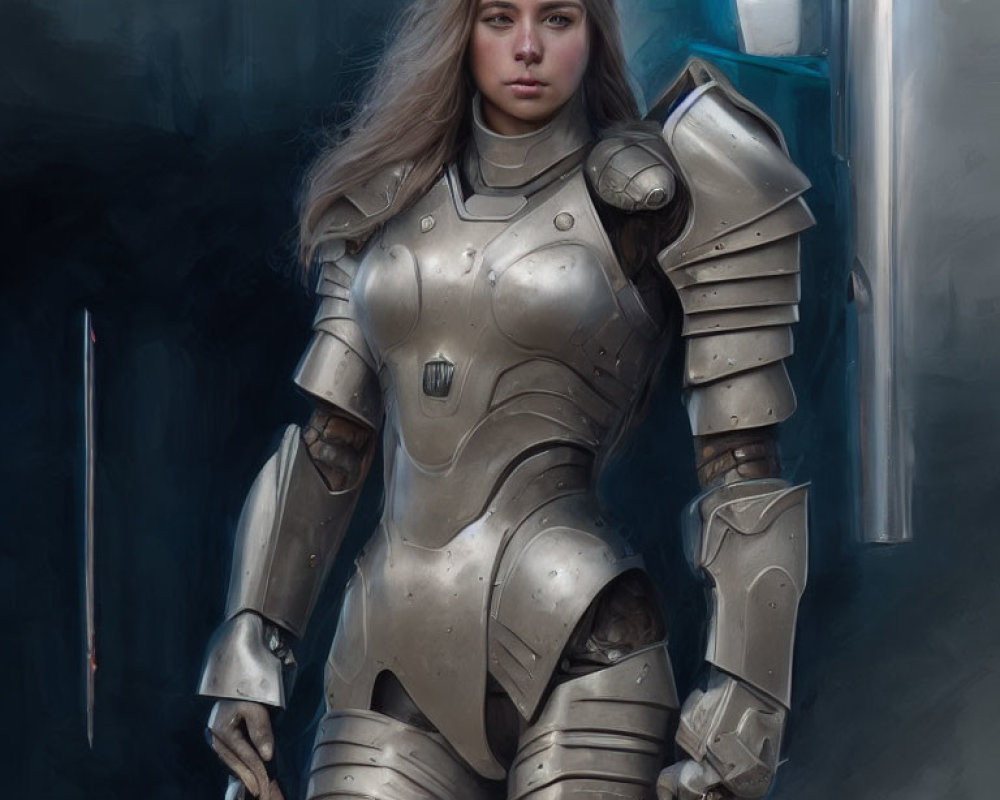 Futuristic digital artwork of woman in silver armor with sword in blueish-grey setting