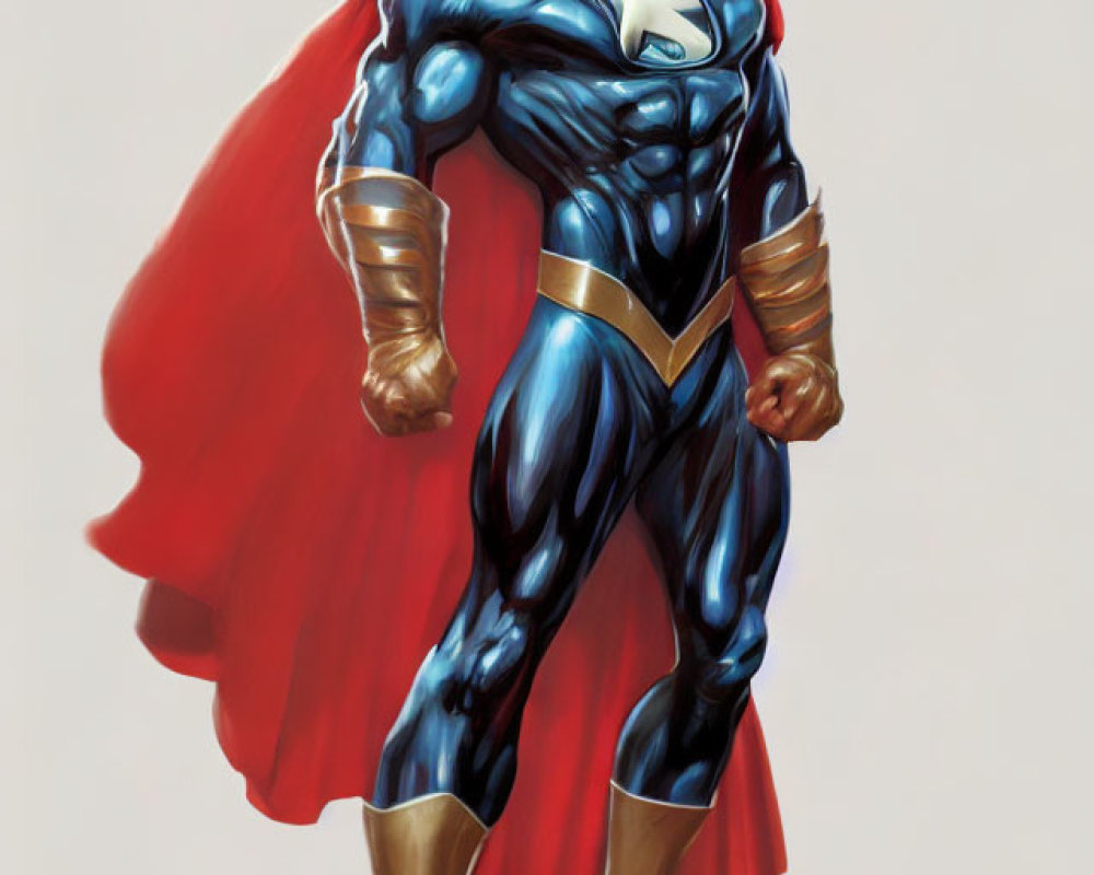 Muscular superhero in blue suit with gold accents and red cape poses confidently