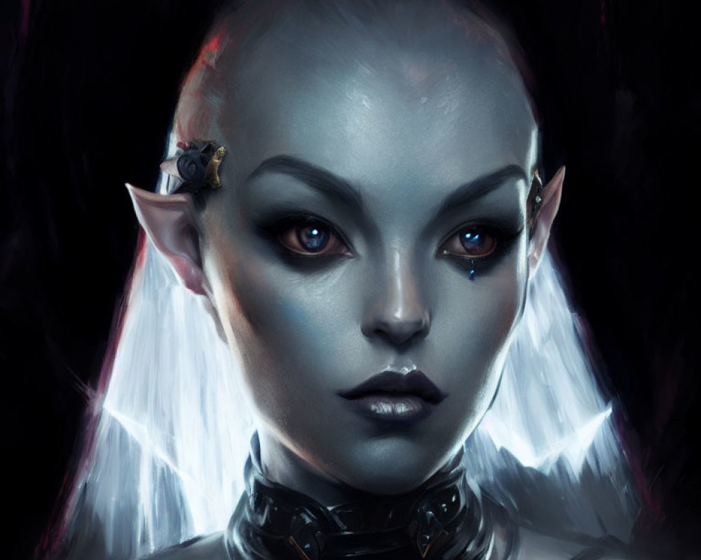 Fantasy portrait of female with sharp ears and pale blue skin