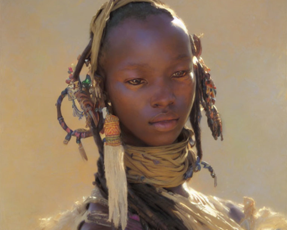 Young woman with beaded hair decorations and yellow scarf in traditional attire on golden background