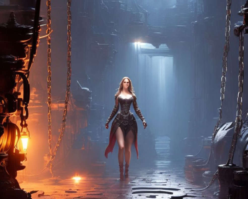 Woman walking confidently in dimly lit fantasy hall with heavy chains, lanterns, and distant waterfall.