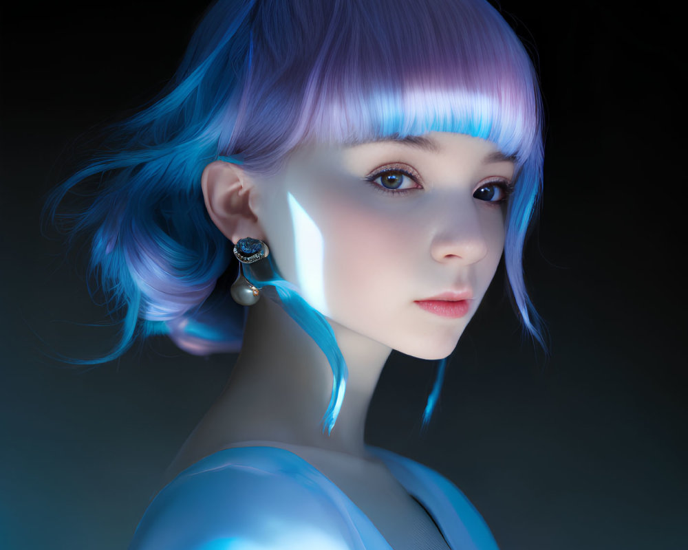 Portrait of person with pastel blue hair and bangs under soft blue light