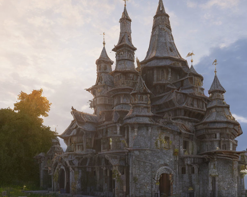 Wooden church with multiple spires in sunset setting surrounded by greenery