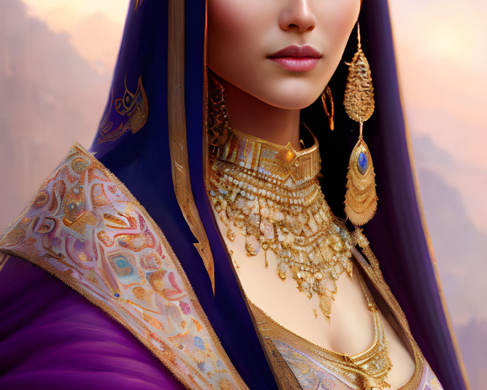 Digitally created image of a woman in South Asian royal attire and jewelry.