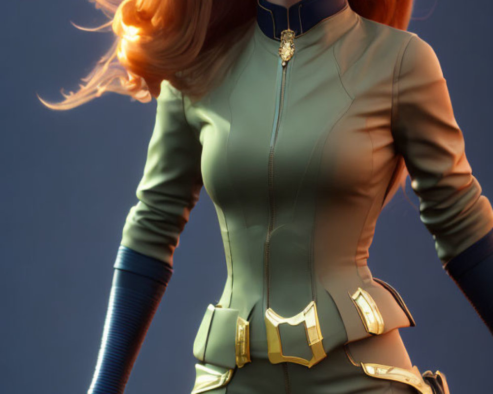 Digital artwork of a woman in futuristic olive jumpsuit with flowing red hair