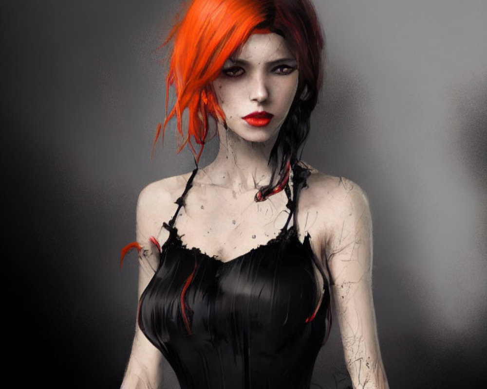 Illustrated female figure with red hair and black dress on misty background