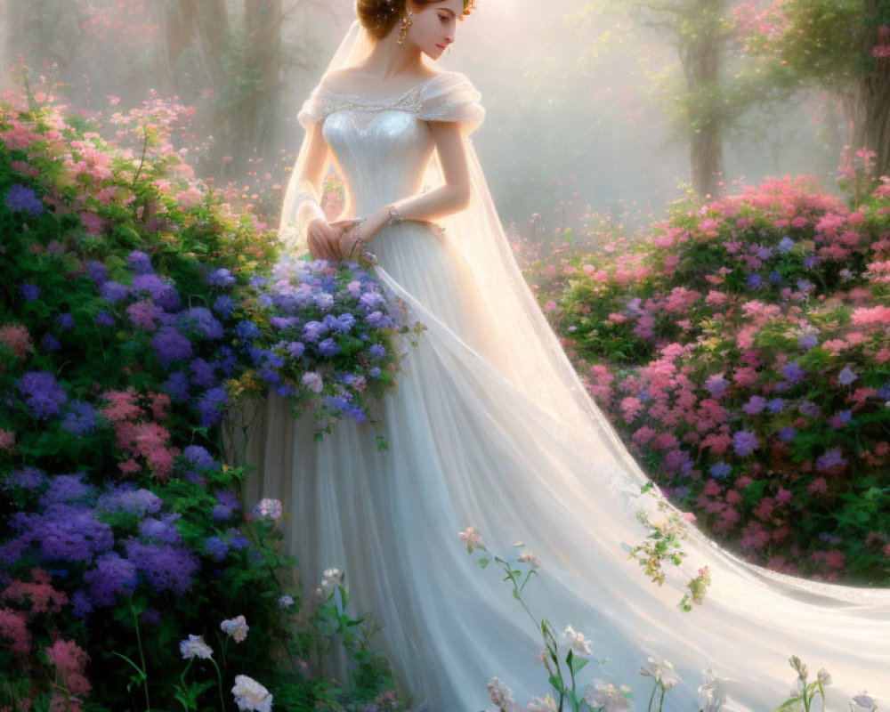 Woman in white gown with floral crown surrounded by vibrant flowers in misty forest