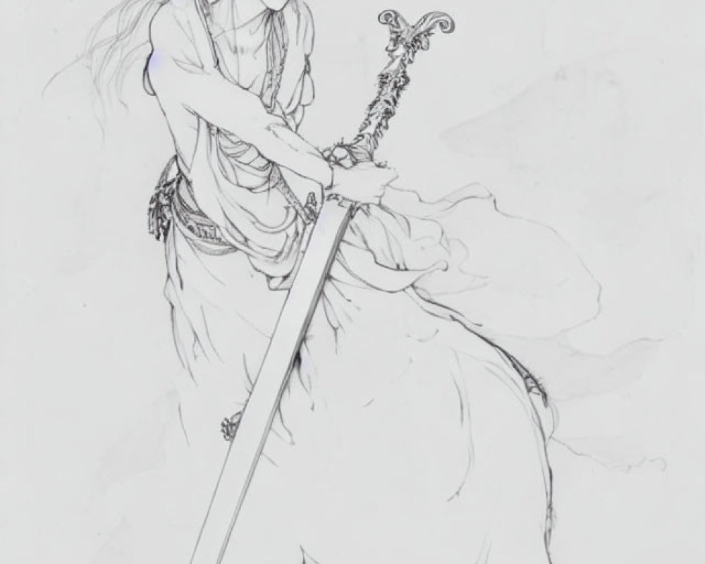 Detailed sketch of an ethereal figure with long hair and ornate sword