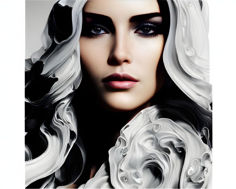 Portrait of woman with dark eye makeup, white hair, and black headpiece on light background