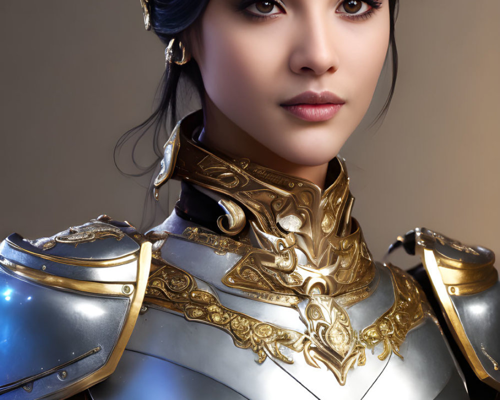 Regal woman in ornate silver and gold armor with crown and styled hair