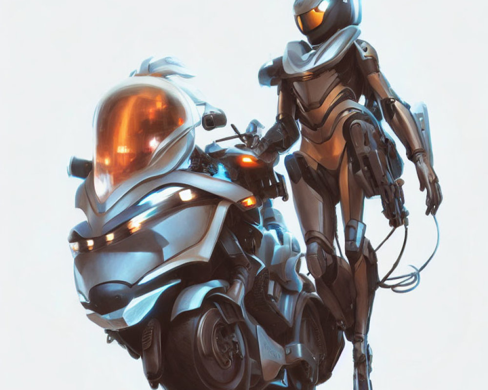 Futuristic robot in sleek armor beside advanced motorbike in cool tones