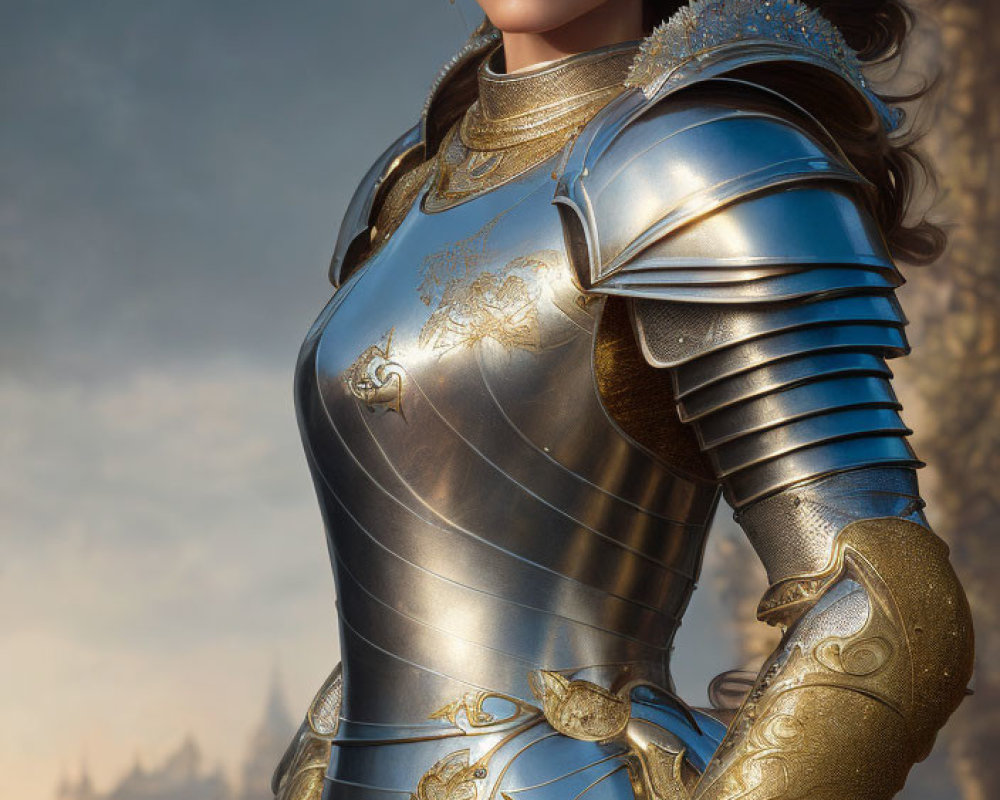 Warrior woman in medieval armor with castle backdrop