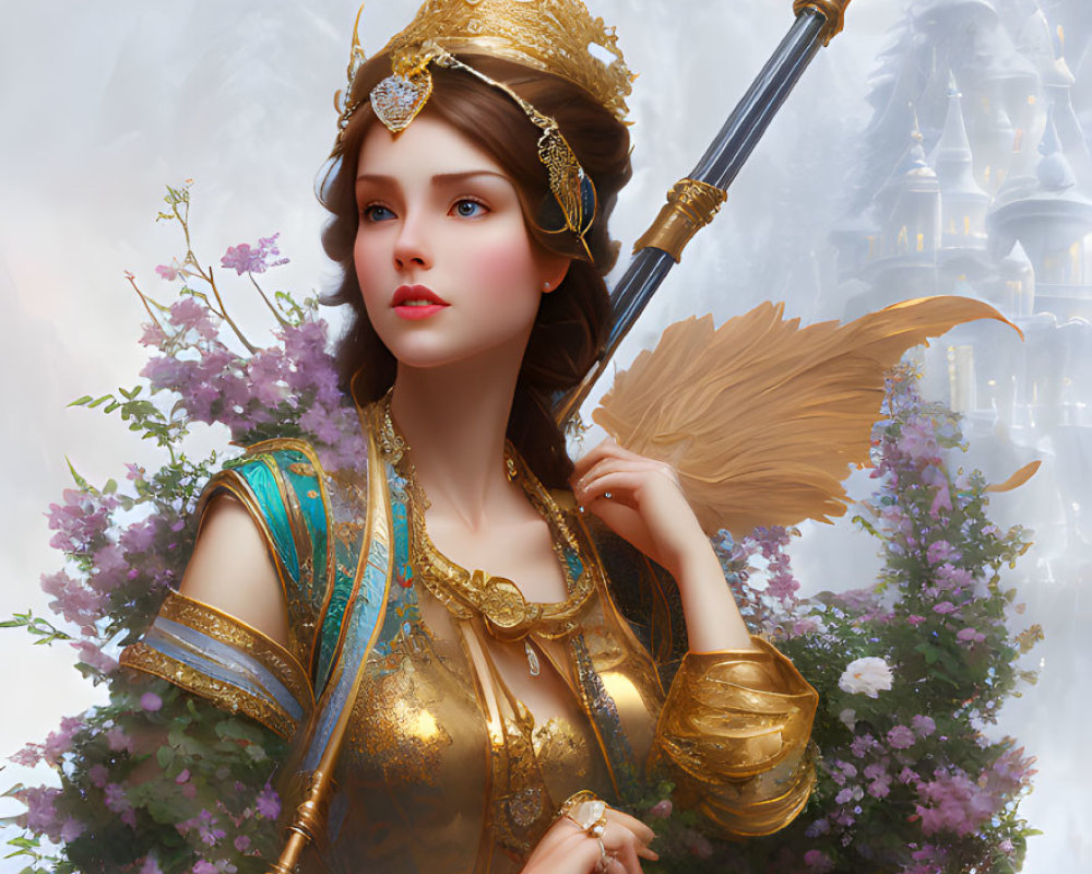 Golden-armored woman with staff in mystical castle setting surrounded by flowers