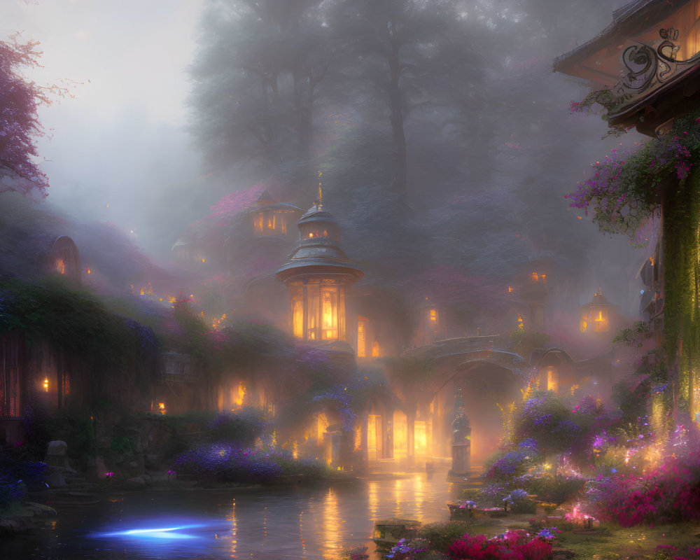 Magical fantasy village with glowing lanterns, misty ambiance, and whimsical architecture nestled in nature