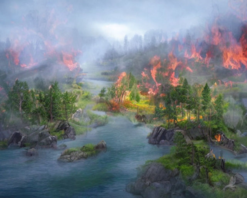 Ethereal misty landscape with rocky islands, greenery, and wildfires in blue waters