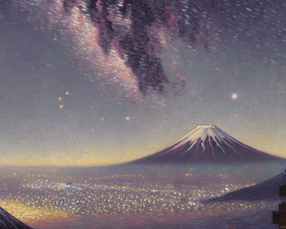 Surreal volcano landscape with city under starry sky and cosmic vista