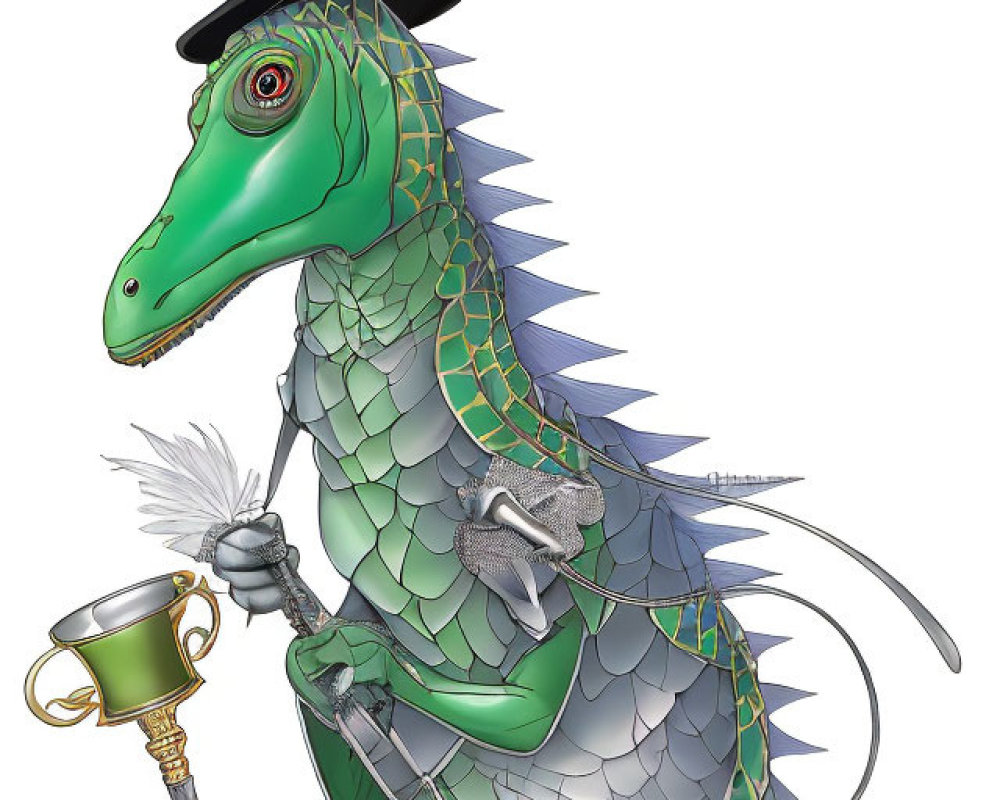 Elegant anthropomorphic dinosaur in suit and top hat with cane and cup