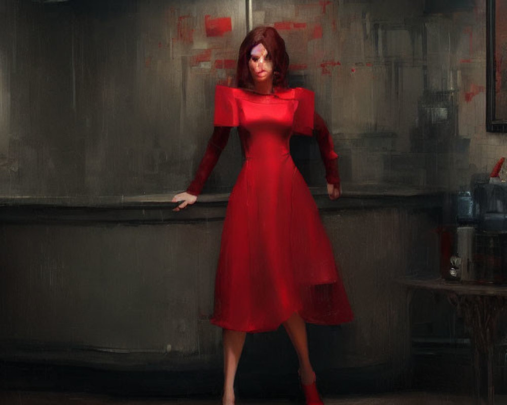 Woman in Red Dress Standing in Moody Room with Abstract Art