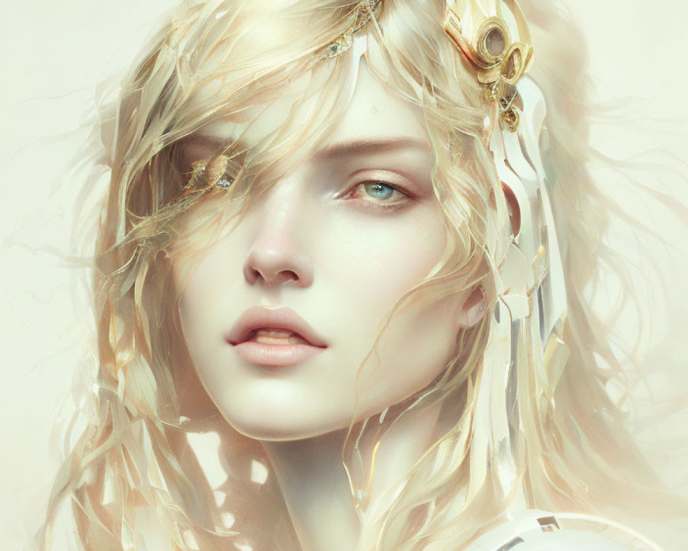 Golden-haired woman with green eyes in futuristic digital art.