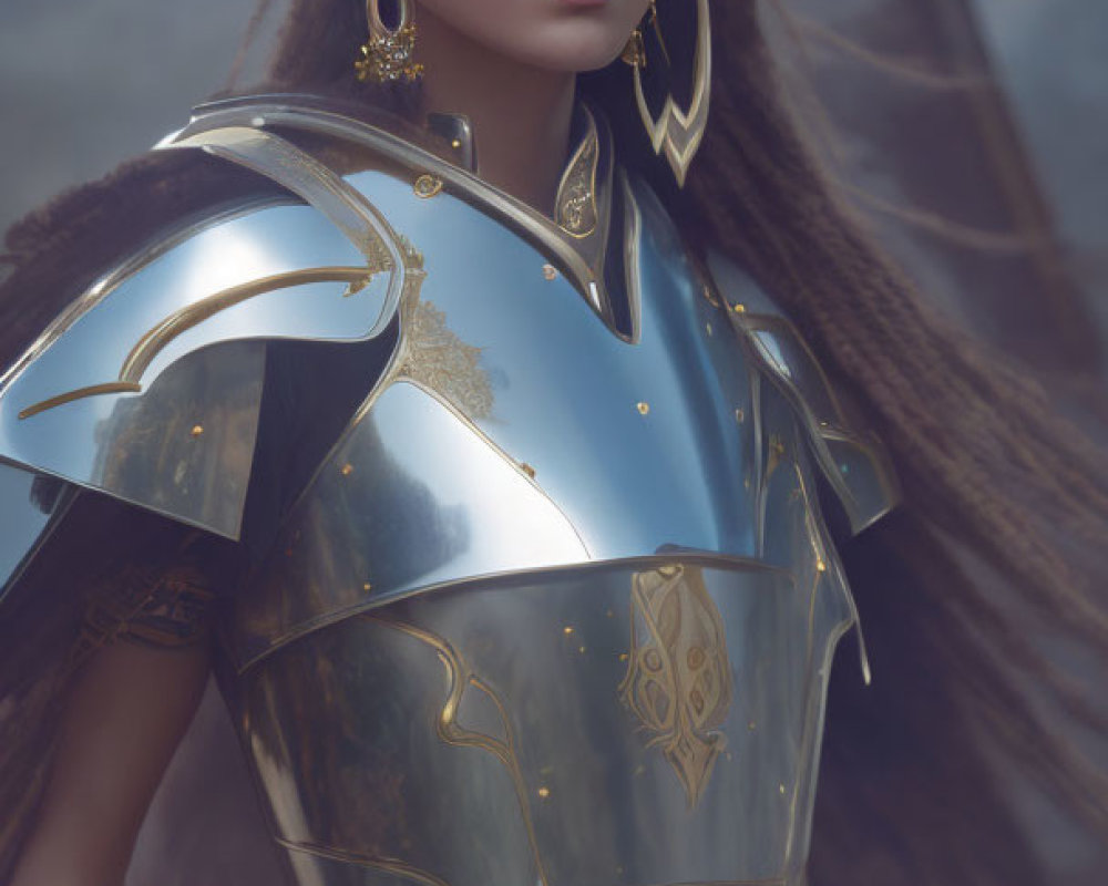 Warrior woman in silver and gold armor with blue eyes