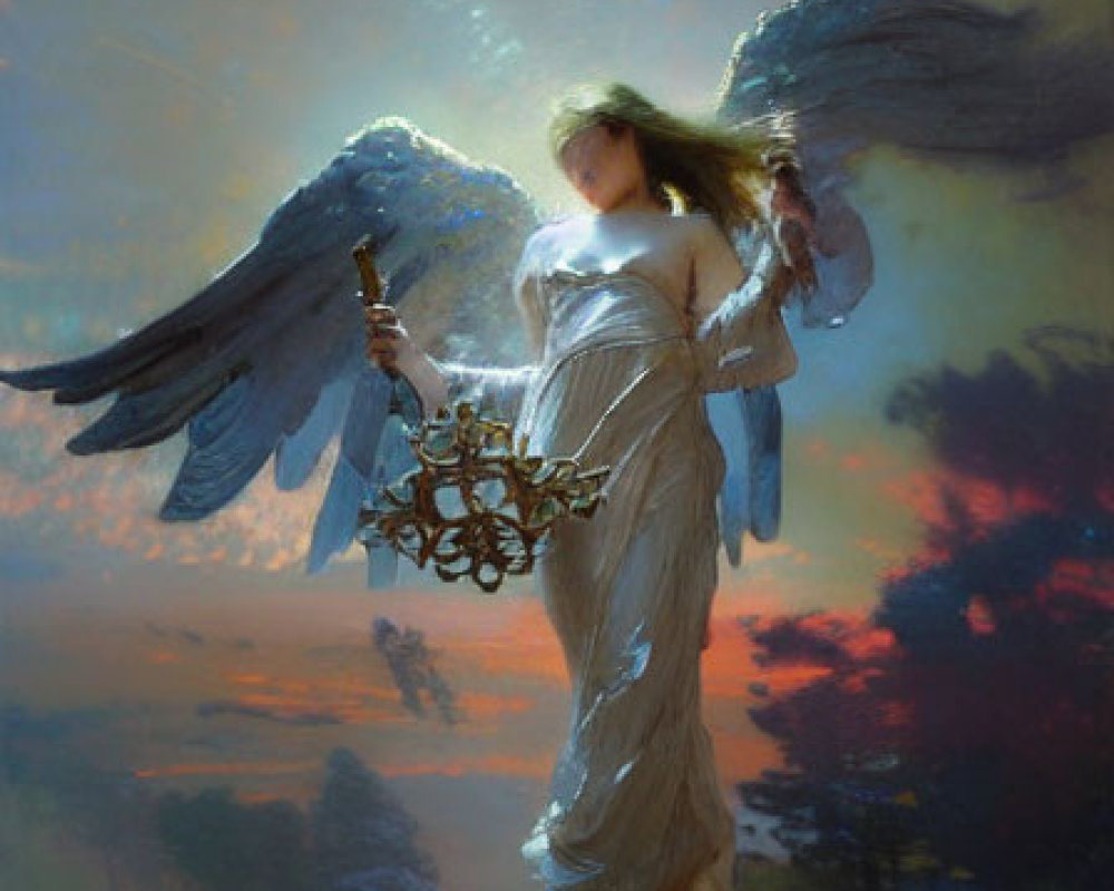 Majestic angel with large wings and lamp in flowing gown against sunset sky