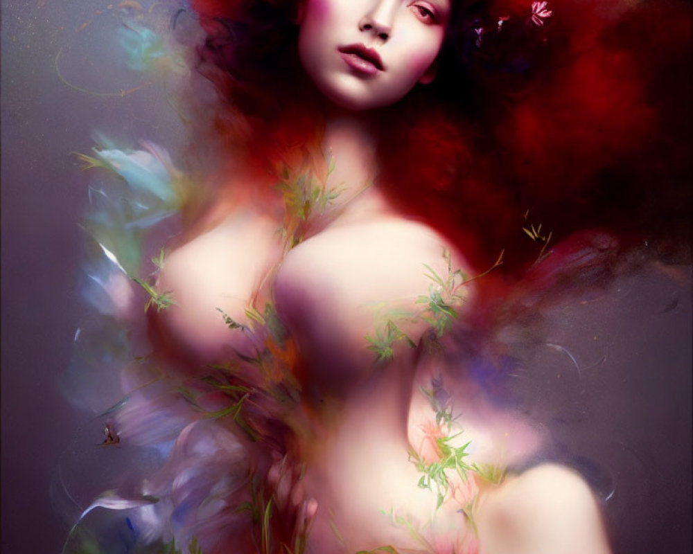 Surreal portrait of woman with flowing red hair and ethereal foliage