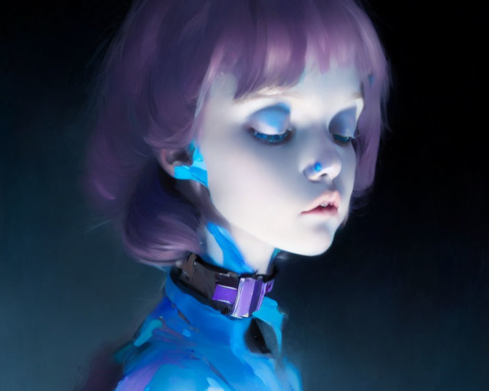 Digital painting of a person with purple hair and blue skin against dark background