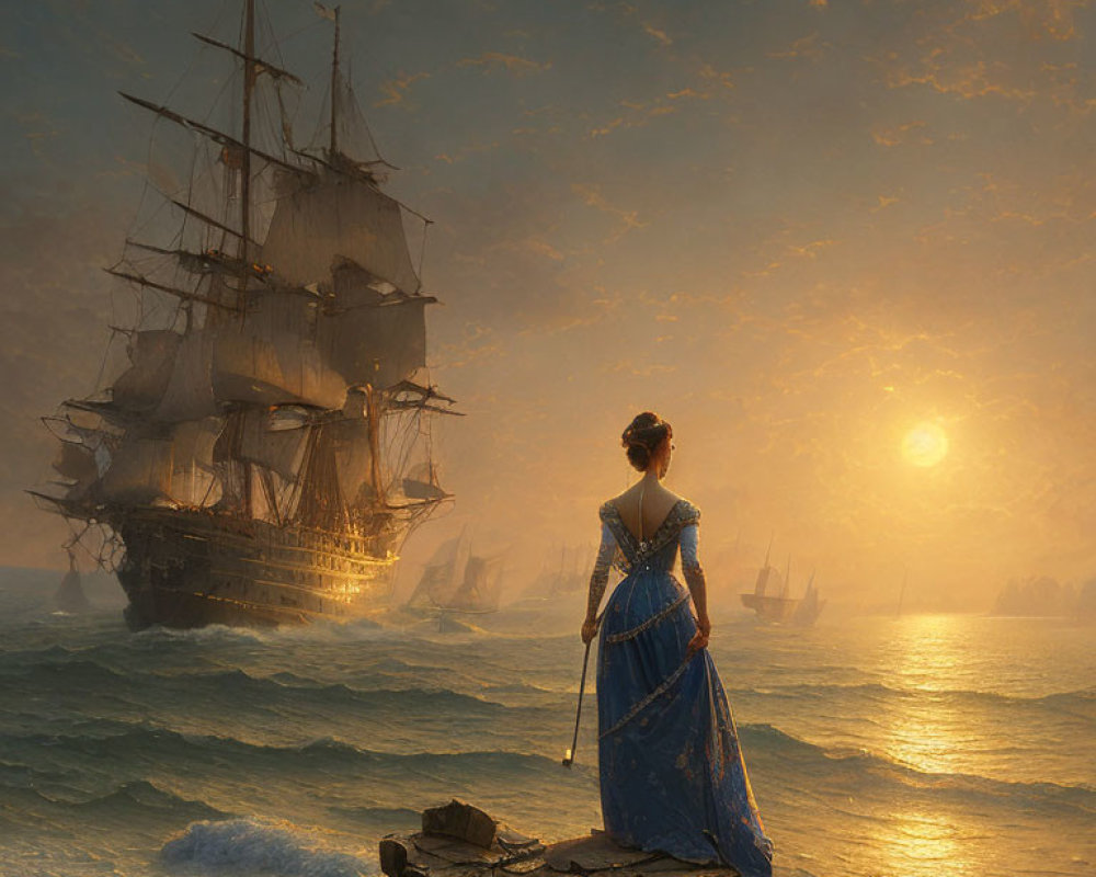 Woman in Blue Dress Watches Tall Ship at Sea Sunset