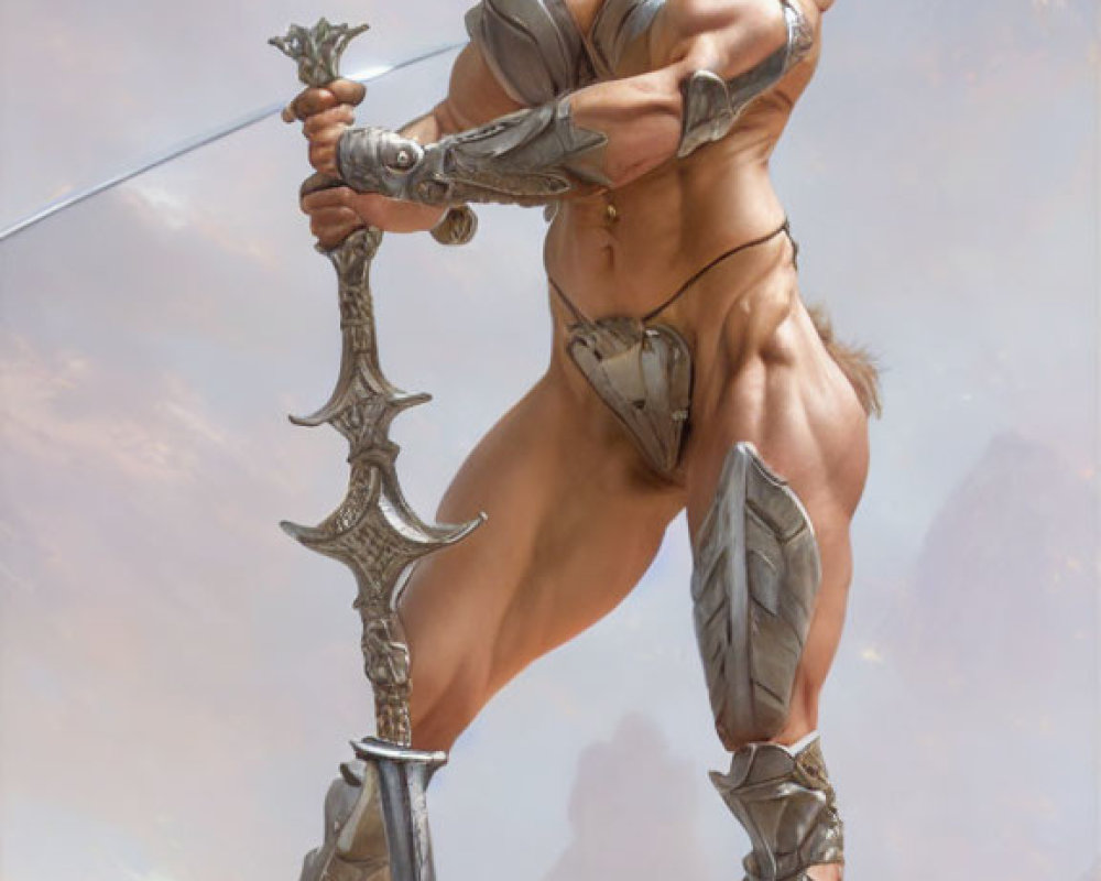 Muscular female warrior in ornate armor with longsword and shield against mountainous backdrop