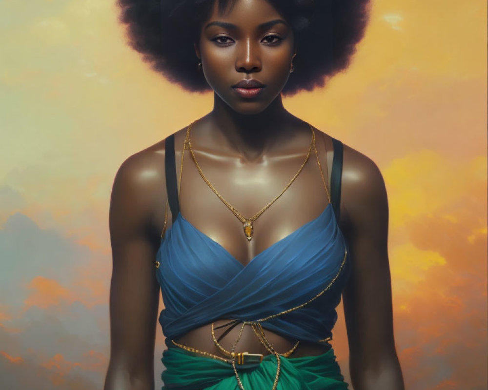 Digital portrait of woman with large afro in blue and green dress against warm sunset sky