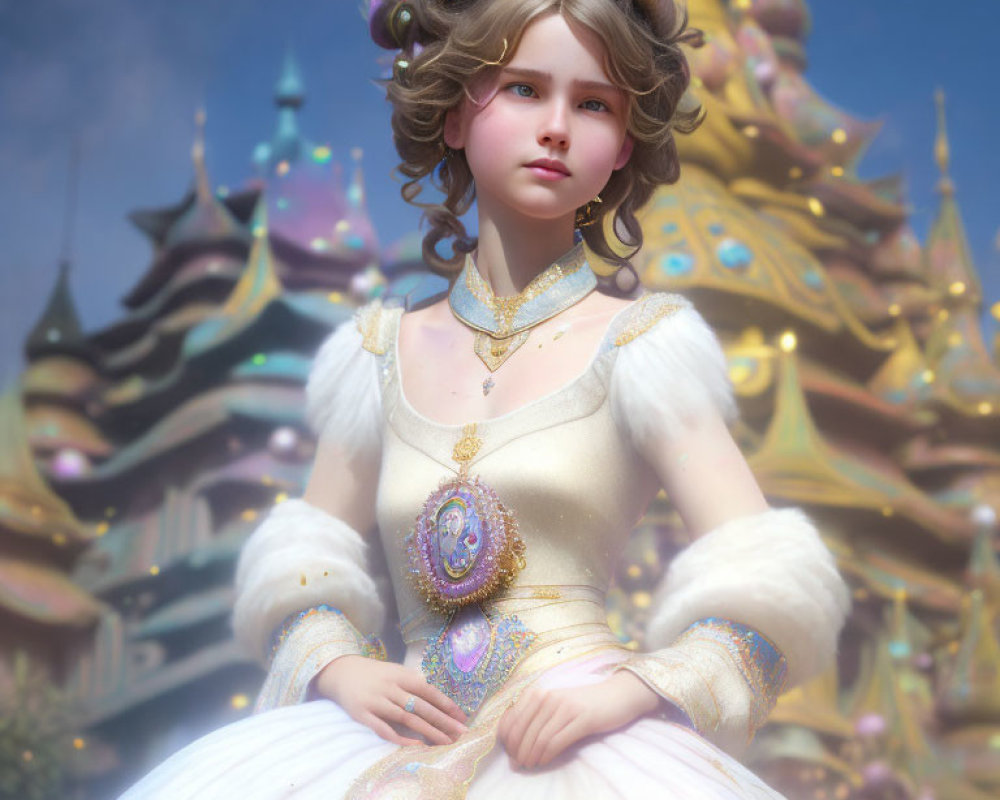 Young girl in white and gold princess dress with jewelry in front of fantasy castle.