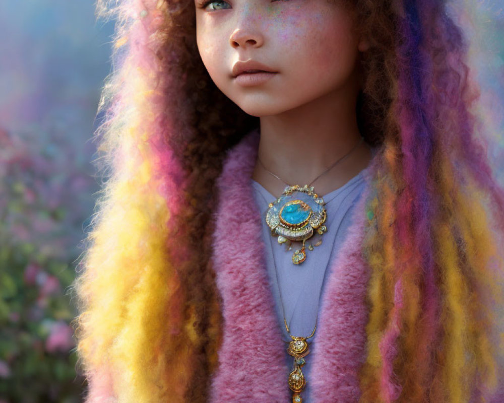 Multicolored curly-haired girl in gemstone necklace and pastel coat amidst misty floral background