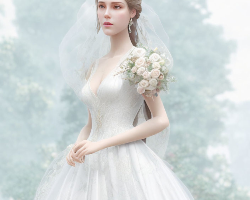 Bride in white gown with tiara and veil holding bouquet against misty background