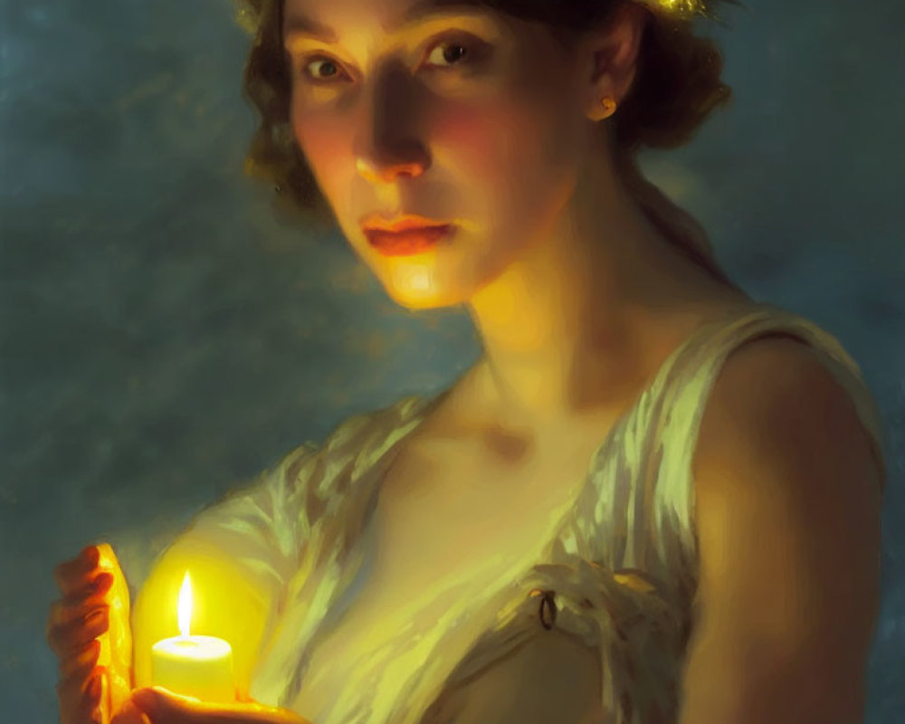 Floral headpiece person holding lit candle in dim light