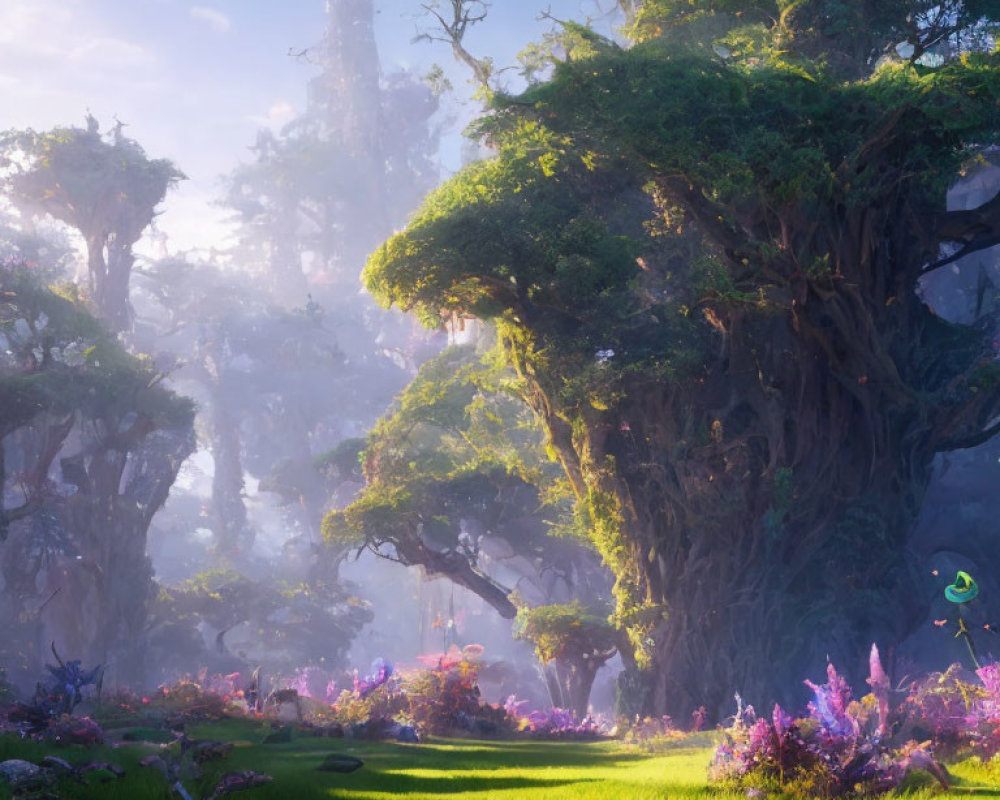 Lush Fantasy Forest with Sunlight and Enigmatic Tower