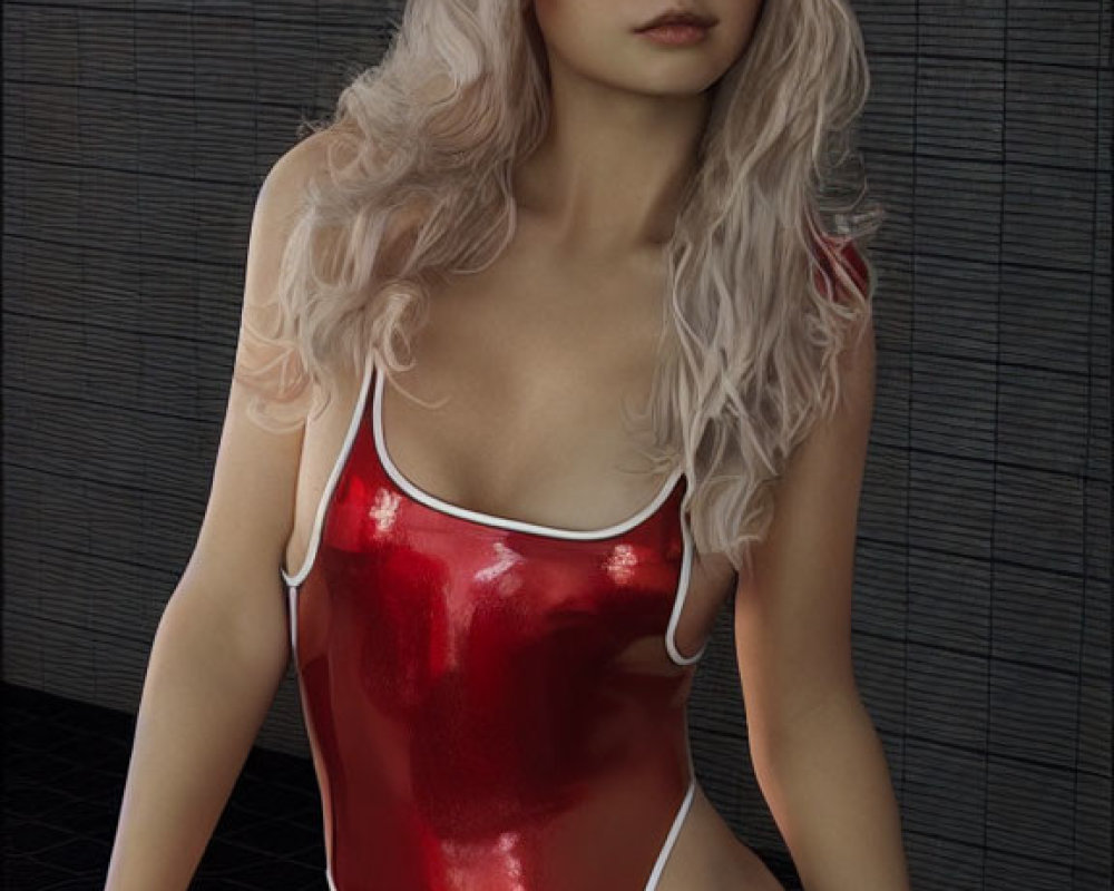 Blonde Woman in Red Swimsuit on Dark Background