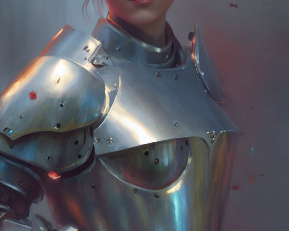 Female Warrior in Polished Silver Armor Artwork in Soft-focus Background