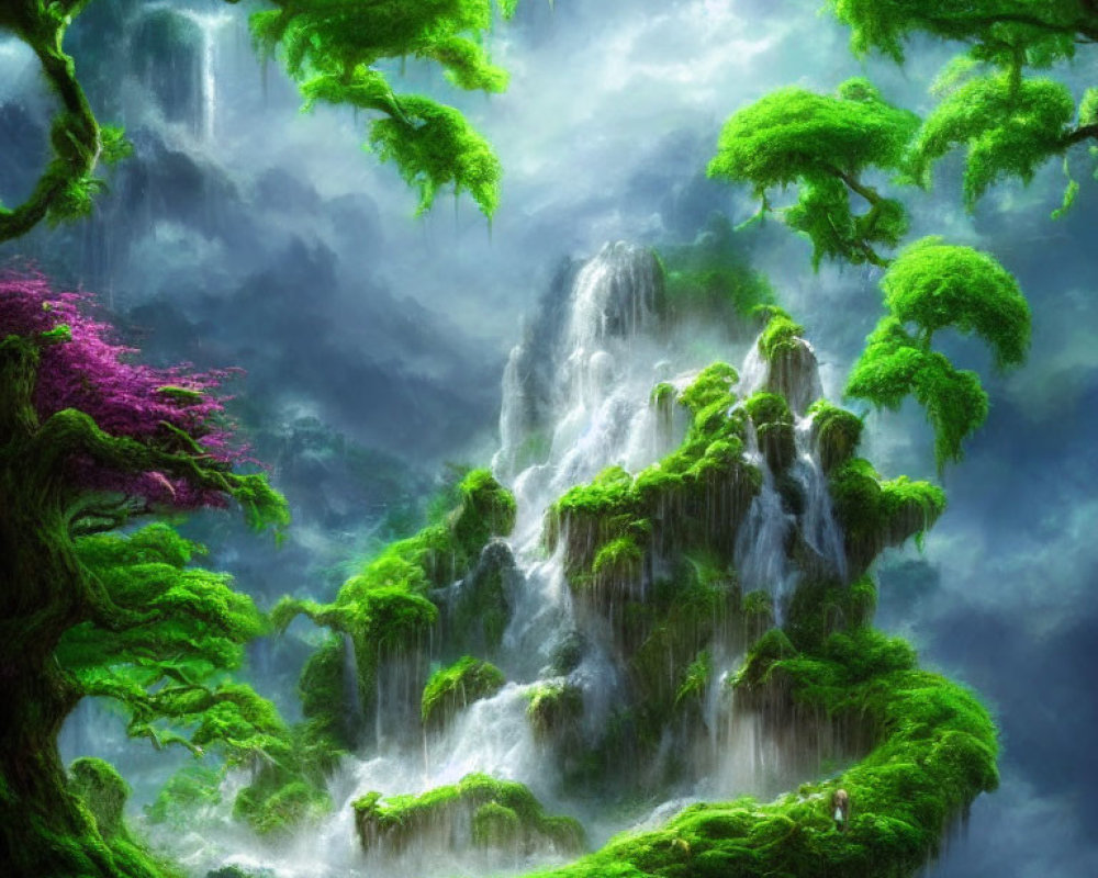 Lush greenery and waterfalls on a floating island surrounded by mist