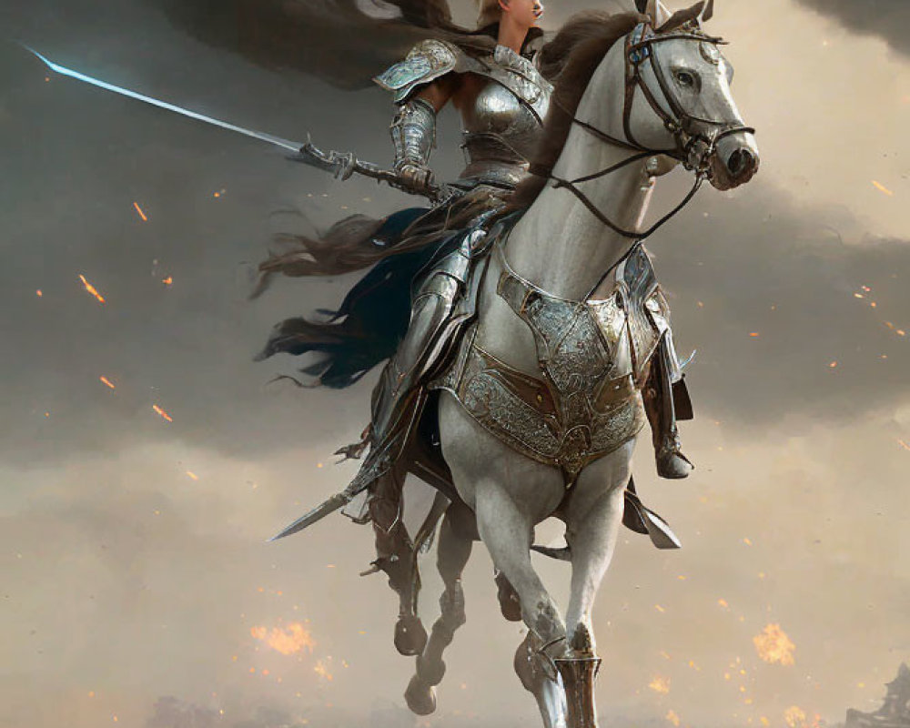 Majestic warrior queen on white horse in gleaming armor wields sword in battle.