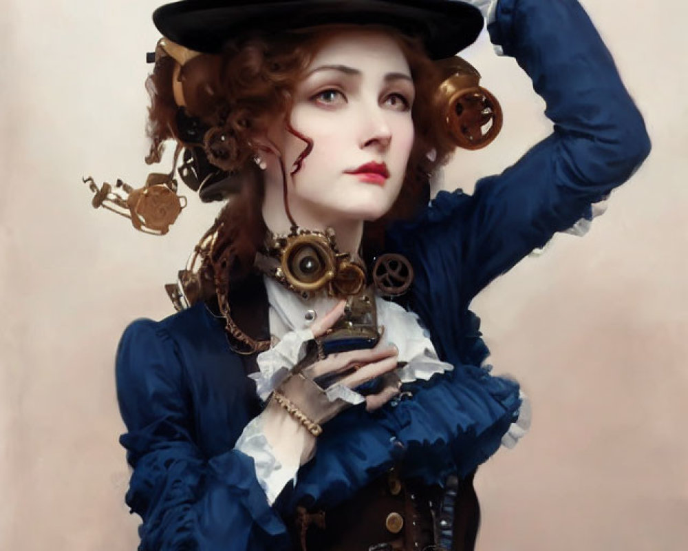 Steampunk-themed woman in top hat and monocle, ruffled blue blouse and corset.