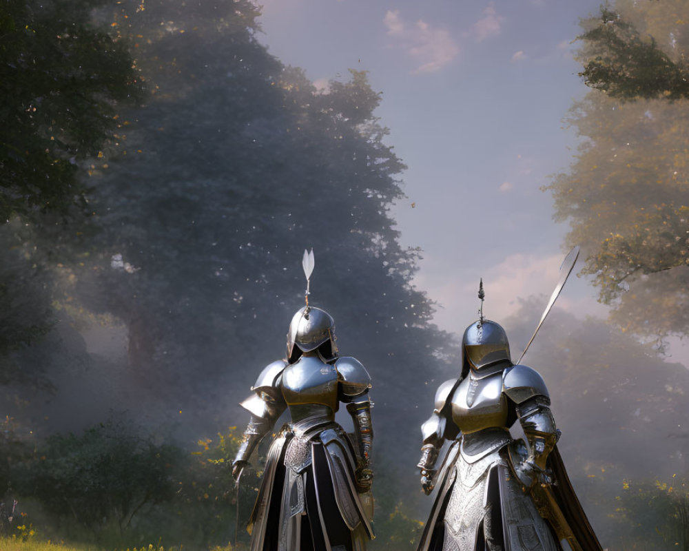 Two knights in shining armor with drawn swords in sunlit forest clearing