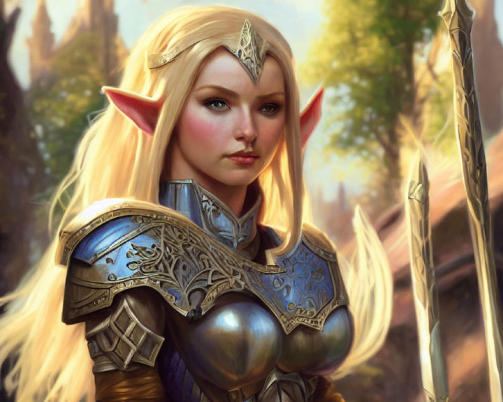 Blonde Elven Warrior in Armor with Sword and Tiara in Forest