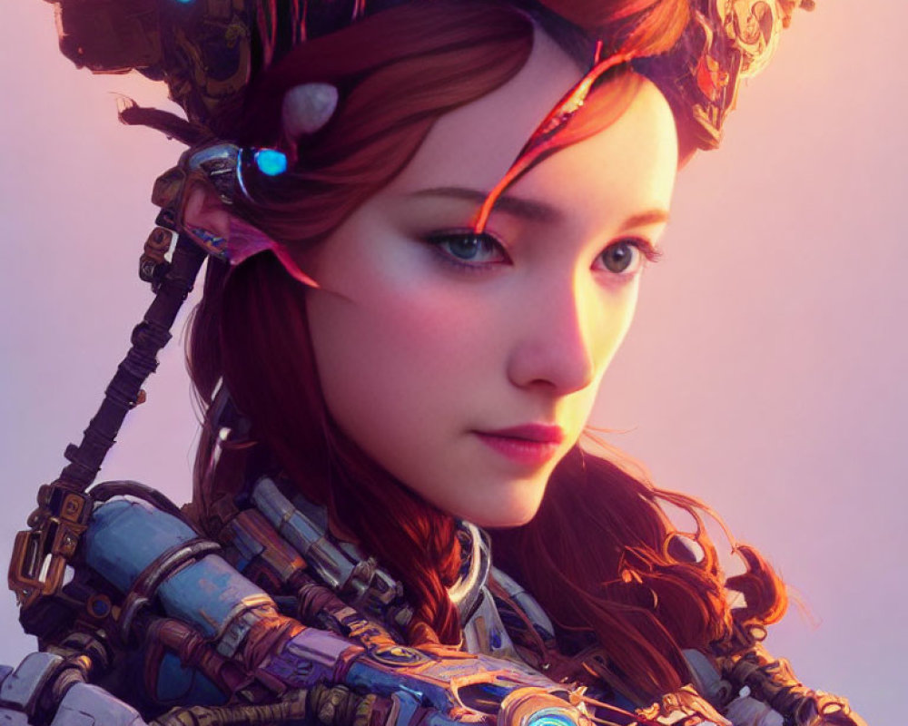 Futuristic digital portrait of young woman in red headpiece