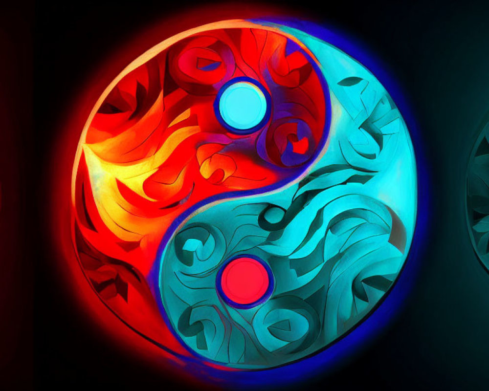 Abstract Image: Fiery Red and Orange Swirls vs Cool Blue Patterns