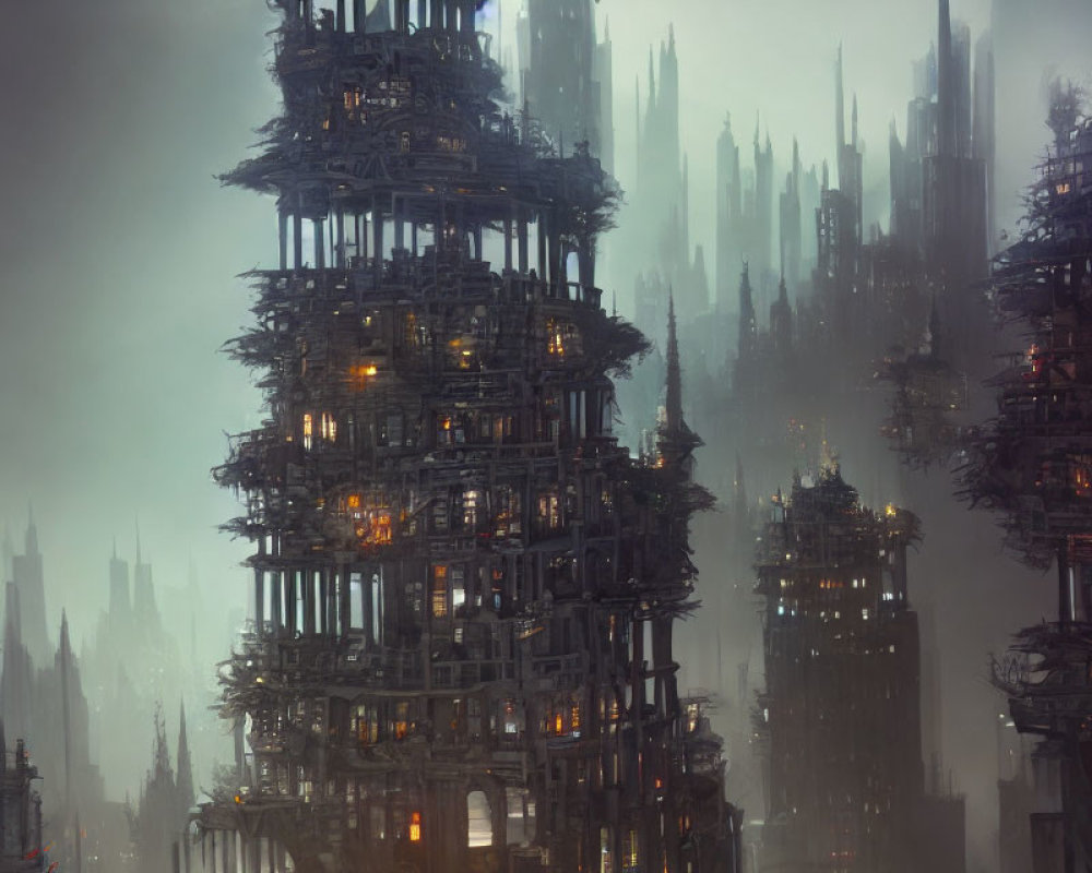 Dystopian cityscape with towering, illuminated, dilapidated buildings